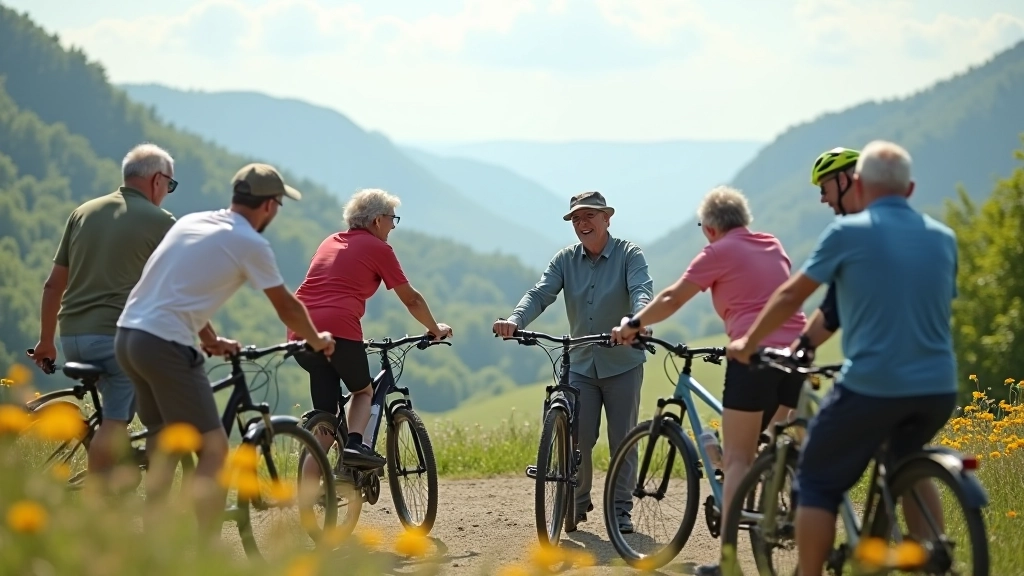 Skupina seniorů cyklistů u hezké vyhlídky