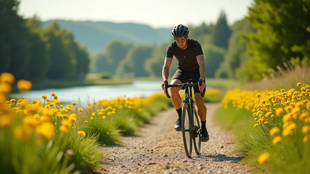 Cyklista jedoucí po štěrkové stezce podél řeky s květinami na obou stranách cesty