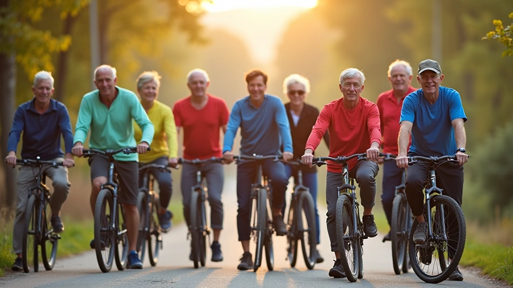 Skupina seniorů cyklistů se setkává na startu ráno s kávou a úsměvy