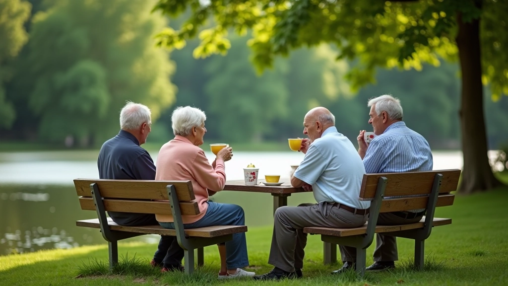 Skupina seniorů odpočívajících u řeky během společného cyklotury