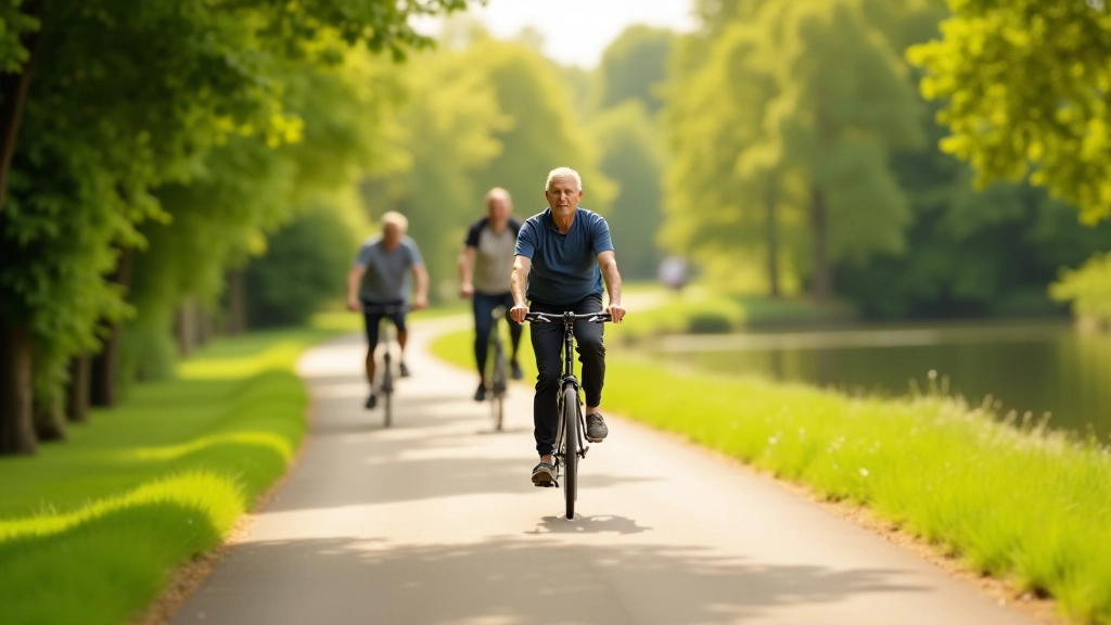 Starší cyklisté trénují na rovné trase podél řeky v přírodě